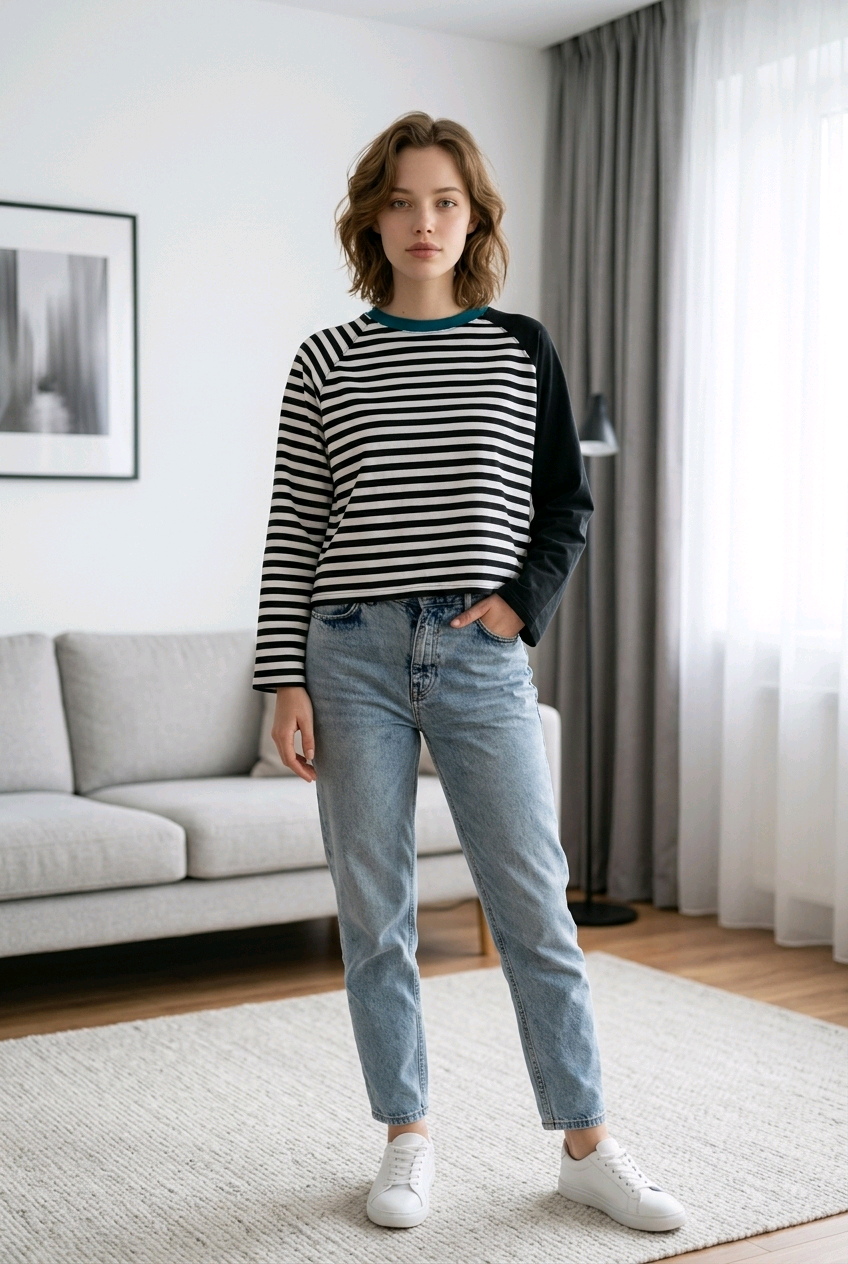 A woman standing in a bright, modern living room wearing a casual raglan sweatshirt with a black and white striped front, a solid black raglan sleeve, and a teal neckband, paired with light wash blue jeans and white sneakers as a DADI Design sewing project.