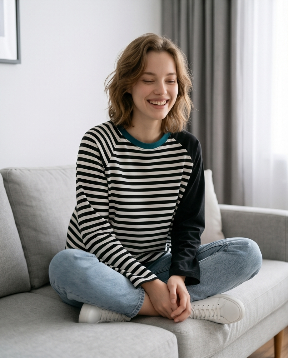 A smiling woman sitting cross-legged on a gray sofa, showcasing a casual handmade raglan sweatshirt with black and white stripes, a solid black sleeve, and a teal collar, paired with blue jeans as a DADI Design sewing pattern project.