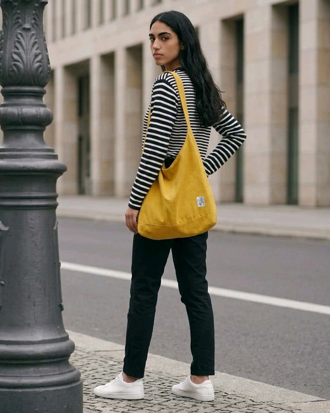 A woman standing on a city street sidewalk, wearing a black and white striped long-sleeve shirt, black trousers, and white sneakers, carrying a vibrant yellow slouchy canvas Hobo bag over her shoulder.