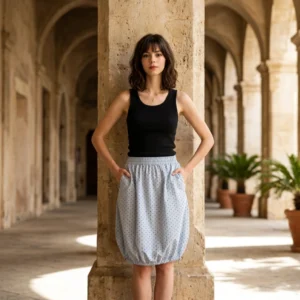 A woman wearing a black tank top and a light blue knee-length bubble skirt with a heart pattern, standing with hands in her pockets inside a stone archway colonnade.